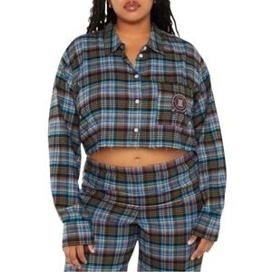 Savage X Fenty Tied Up Tartan Raw Hem Cropped Flannel Pajama Shirt